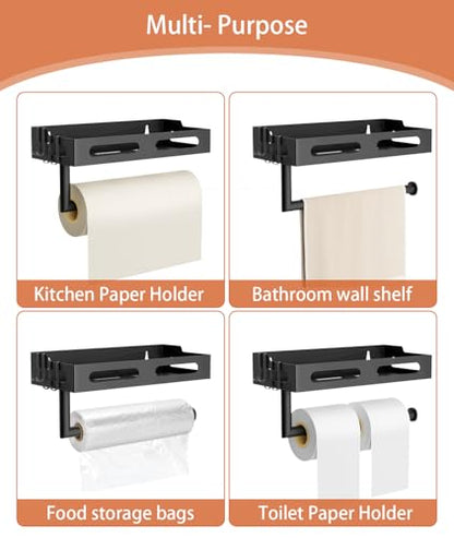 Paper Towel Holder Wall Mount for Kitchen, One-Handed Tear, Bathroom Paper Towel Holder with Shelf, RV Paper Towel Rack Wall Mount Paper Roll Holder with 4 Hooks, Matte Black - color: Matte Black