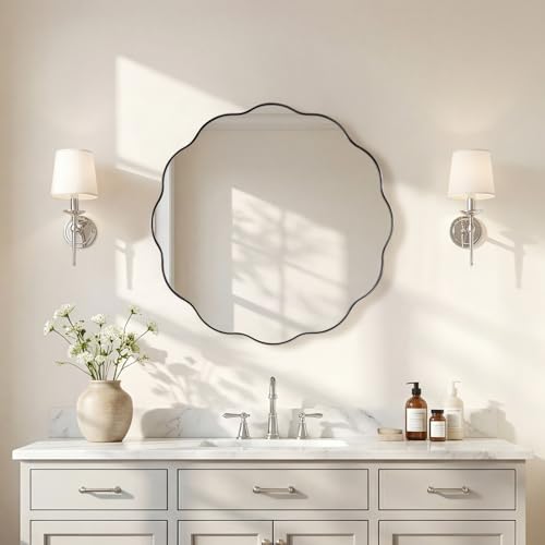 ANDY STAR Chrome Round Wall Mirror 24 inch, Polished Metal Frame Circle Bathroom Mirror in SUS304 Stainless Steel Frame, with Unique Modern Circular Wavy Design - color: Chrome, size: 24"L x 24"W