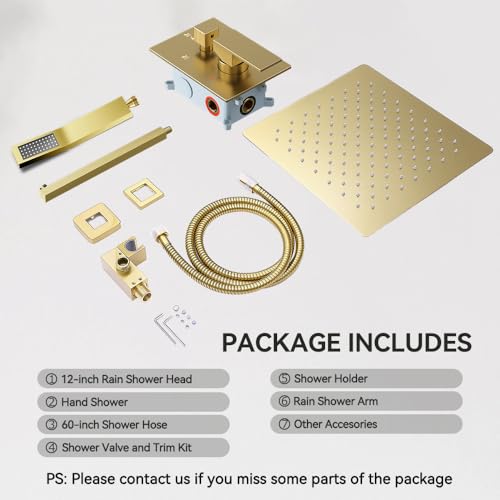 STARBATH Shower Faucet Set Shower System with Diverter Valve, Brushed Gold | 12" Wall Mount Rain Shower Head and Handheld Spray for Two Person, Shower System with Diverter Valve and Trim Kit Complete - color: Gold, size: 12"-01