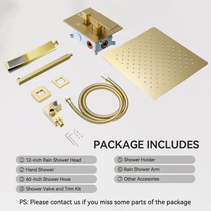 STARBATH Shower Faucet Set Shower System with Diverter Valve, Brushed Gold | 12" Wall Mount Rain Shower Head and Handheld Spray for Two Person, Shower System with Diverter Valve and Trim Kit Complete - color: Gold, size: 12"-01