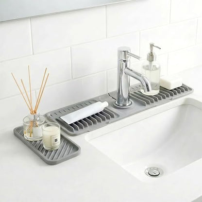 2-in-1 Silicone Kitchen Sink Organizer Draining Mat, 17.7 Inch | 7-degree sloped base, foldable, integrated storage tray, includes bonus 9.25x3.74 inch drainage tray, BPA-free