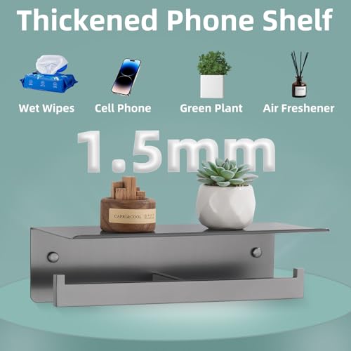 Gunmetal Gray Double Toilet Paper Holder with Shelf, 304 Stainless Steel Bathroom Tissue Roll Holder, Wall Mounted Paper Dispenser for Bathroom Kitchen, Fits Mega Rolls - color: Gun Gray, size: Double Rod