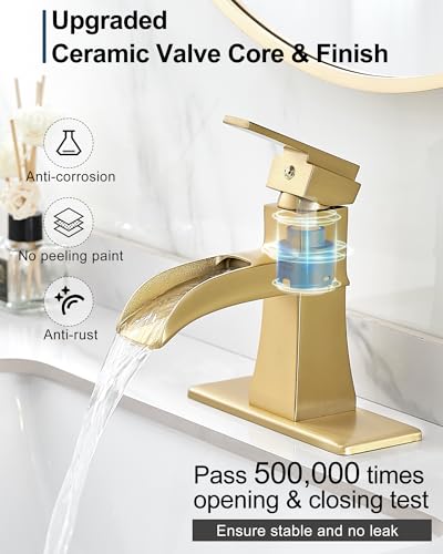 Brass Waterfall Faucet, Brushed Gold Bathroom Faucet, Single Handle for One Hole or 3 Holes 4 Inch with Pop-Up Drain, Pre-Installed Supply Hoses and Deck Plate for Vanity RV Farmhouse Modern - color: Brushed Gold