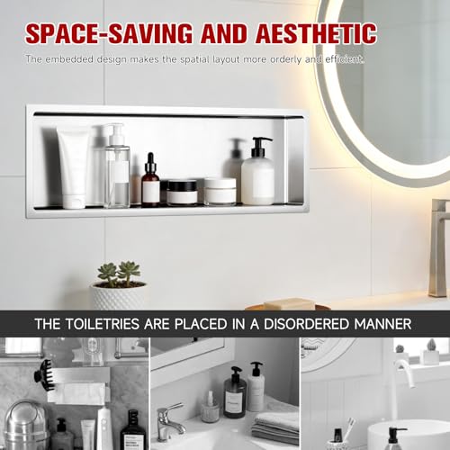 VELPAX No Tile Needed Shower Niche 12"X 36", Bathroom Wall Niche Single Shelf, Stainless Steel Shower Niche for Bathroom, Kitchens, Balconies - color: Silver, size: 12"X 36" Single Shelf