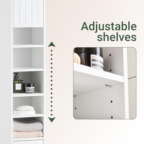 SoBuy Tall Narrow Storage Cabinet, Skinny Bathroom Cabinet with Adjustable Shelves Slender, Anti-Tipping Floor Standing Cupboard, Pinstripe White BZR160-W | BZR160-W Bathroom Cabinet with Doors, Drawer and Adjustable Shelves, Standing Bathroom Shelf, Whit