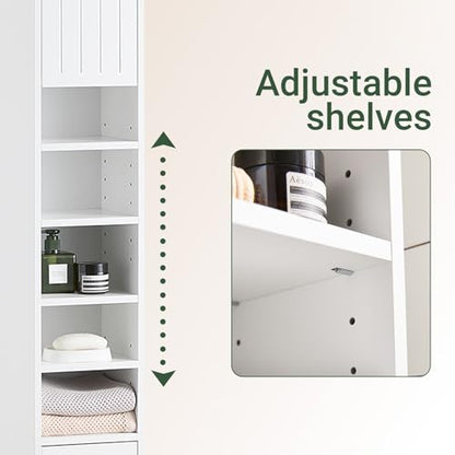 SoBuy Tall Narrow Storage Cabinet, Skinny Bathroom Cabinet with Adjustable Shelves Slender, Anti-Tipping Floor Standing Cupboard, Pinstripe White BZR160-W | BZR160-W Bathroom Cabinet with Doors, Drawer and Adjustable Shelves, Standing Bathroom Shelf, Whit