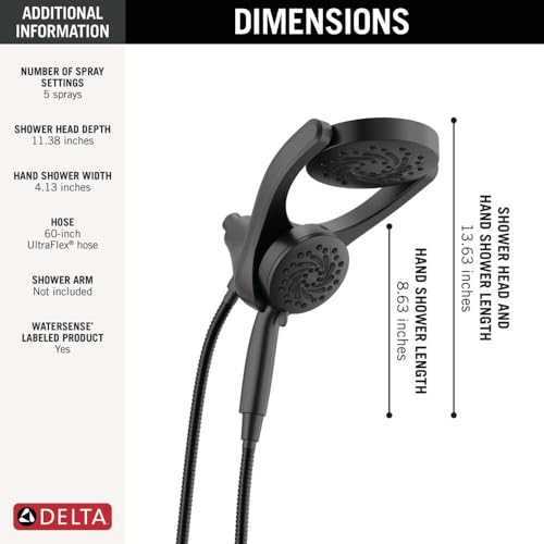 Delta 5-Setting HydroRain 2-in-1 Dual Shower Head with ProClean Spray, Matte Black High Pressure Shower Head with Handheld Spray, 1.75 GPM Flow Rate, Matte Black 75419BL - color: Matte Black