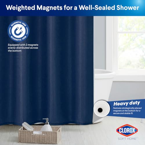 Clorox 2-in-1 Bathroom Shower Curtain Liner, Durable Fabric, Weighted Magnets for Bath Water Control, Washable Premium Quality, Modern - 72" x 72" Blue - color: Blue - Standard