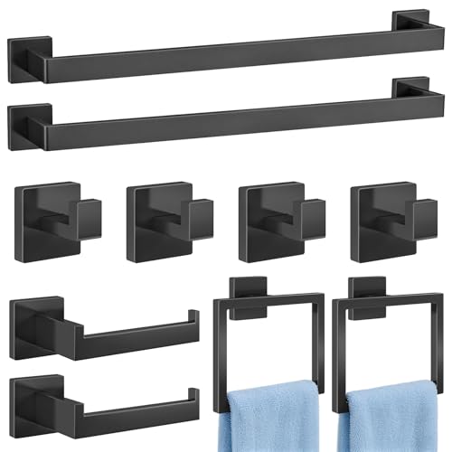 Gypie 10-Piece Bathroom Accessories Set 24In Towel Racks for Bathroom Wall Mounted Stainless Steel Large Family Modern Matte Black - color: Black 10 Piece, size: 24 Inch