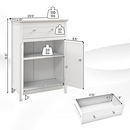 COSTWAY Bathroom Floor Cabinet, Wooden Side Storage Organizer w/Larger Drawer, Adjustable Shelf & 2-Door Cupboard, Freestanding Storage Cabinet for Living Room, Kitchen, Entryway (White) | Larger Drawer, Adjustable Shelf & 2-Door Cupboard, Freestanding St