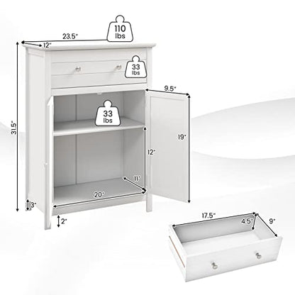 COSTWAY Bathroom Floor Cabinet, Wooden Side Storage Organizer w/Larger Drawer, Adjustable Shelf & 2-Door Cupboard, Freestanding Storage Cabinet for Living Room, Kitchen, Entryway (White) | Larger Drawer, Adjustable Shelf & 2-Door Cupboard, Freestanding St