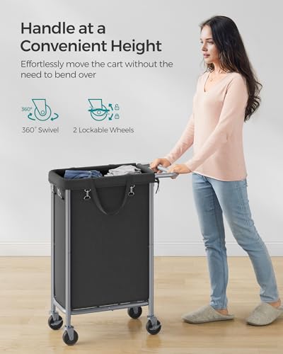 SONGMICS Laundry Basket with Wheels, Rolling Laundry Hamper, 23.8 Gallons (90 L), Removable Liner, Steel Frame with Handle, 24 x 11.4 x 31.9 Inches, Ink Black URLS003B01 - color: Ink Black, size: 90 L (1-Section)
