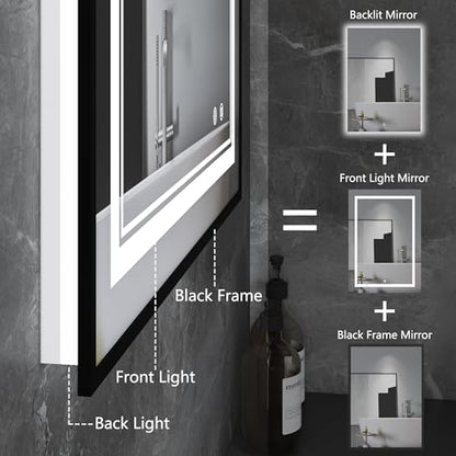 24"x36" Black LED Bathroom Mirror with Lights, Front and Back Light | Dual Light Strips,Thin Frame, Fogless, Dimmable, 3 Color Changing, Shatterproof, Touch Sensor, Horizontal/Vertical,Industrial