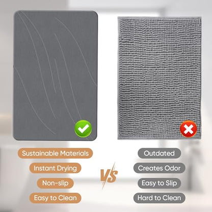 Jiloma Stone Bath Mat Diatomaceous Earth Shower Mat Non-Slip Super Absorbent Bathroom Floor Mat Quick Drying Natural Easy to Clean(24 * 16 Grey)
