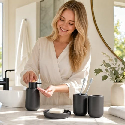 Ceramic Bathroom Accessories Set, foaming soap Dispenser,Bathroom soap and Toothbrush Holder Set,4 Piece with Soap Dispenser, Soap Dish, Toothbrush Holder and Cup, Grey