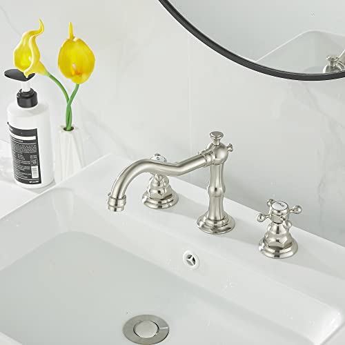 2 Handles 3 Holes Faucet Widespread Bathroom Sink Faucet Brushed Nickel Basin Tap Mixer Faucet Matching Pop Up Drain - color: Brushed Nickel, style: Ceramic Cover