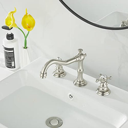2 Handles 3 Holes Faucet Widespread Bathroom Sink Faucet Brushed Nickel Basin Tap Mixer Faucet Matching Pop Up Drain - color: Brushed Nickel, style: Ceramic Cover
