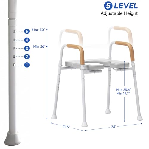 Raised Toilet Seat with Handles for Seniors, Toilet Seat Riser | Unobstructed Front Design, Adjustable Height, For Elderly & Handicap, Fits Any Toilet, 350lbs Capacity