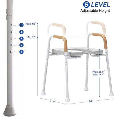 Raised Toilet Seat with Handles for Seniors, Toilet Seat Riser | Unobstructed Front Design, Adjustable Height, For Elderly & Handicap, Fits Any Toilet, 350lbs Capacity