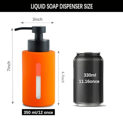 Enra Fall Glass Soap Dispenser with Window,12oz Orange Bathroom Soap Dispenser with Stainless Steel Lotion Pump,Hand Liquid Soap Dispenser Countertop for Bathroom Kitchen - color: Orange