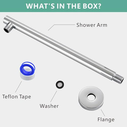 Voolan 15" Round Shower Arm with Flange and Teflon Tape, Extension Shower Head Arm for Bathroom Fixed Shower Head, Solid Stainless Steel, Wall Mounted (Chrome) - color: Chrome, style: 15 Inch