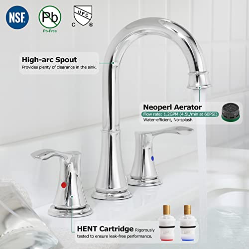 Chrome Widespread Bathroom Sink Faucet 8 Inch for Vanity | with All Metal Pop Up Drain, High Arc 2 Handle Lead-Free Deck Mount Bathroom Faucet for 3 Hole Lavatory Utility Sink - color: Chrome