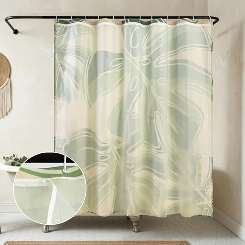 Tropical Plants Linen Shower Boho Curtain Set with Liner,72" Wx72 L | Double Layer Shower Curtain Waterproof Fabric with Zippered Removable PEVA Liner,Boho Shower Curtain for Bathroom,Free Hooks - color: Monstera Leaf