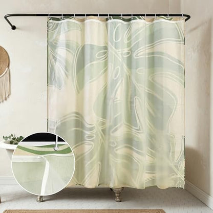 Tropical Plants Linen Shower Boho Curtain Set with Liner,72" Wx72 L | Double Layer Shower Curtain Waterproof Fabric with Zippered Removable PEVA Liner,Boho Shower Curtain for Bathroom,Free Hooks - color: Monstera Leaf