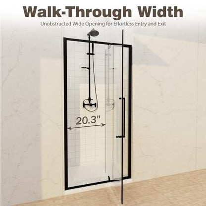 32-36" W x 72" H Semi-Frameless Pivot Swing Shower Doors | 1/4" (6mm) Clear SGCC Tempered Glass with a 20.3" walk-in opening, Matte Black Finish, Reversible, Magnetic Closing - color: Matte Black, size: 32" - 36"