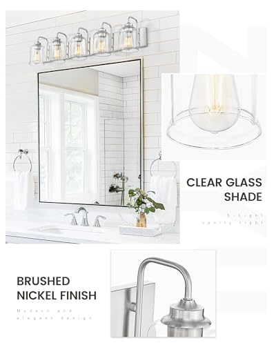zeyu 36 Inch Farmhouse Modern Bathroom Lighting Fixture, 5-Light Bathroom Vanity Light, Brushed Nickel Finish with Clear Glass Shade, ZSL72B-5W BN - color: Brushed Nickel, size: 5-Light