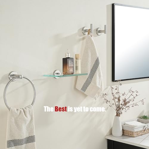 JQK Bathroom Glass Shelf, Tempered Glass Shower Storage 8 by 5 inches, 304 Stainless Steel Brushed Finish Wall Mount, TGS101L8-BN - color: Brushed, size: 8 Inch (1 Pack)