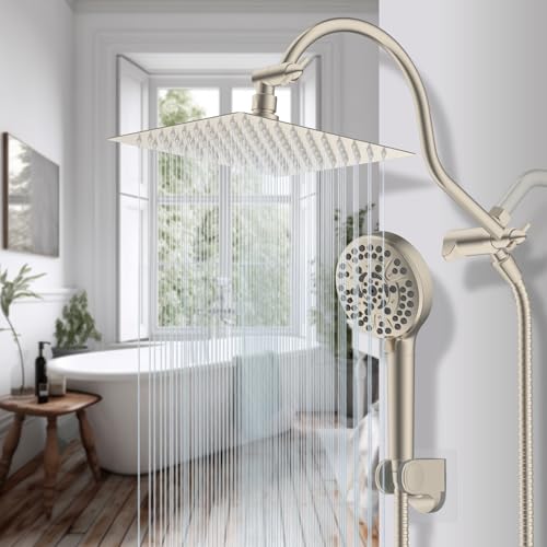 Hibbent All Metal CUPC Certified Shower Head, 8'' High Pressure Rainfall Shower Head, Handheld Showerhead Combo, 12'' Adjustable Extension Arm, 10 Sprays, 71'' Hose, Showerhead Holder, Brushed Nickel - color: Brushed Nickel, style: Square 8''