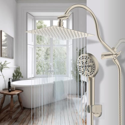 Hibbent All Metal CUPC Certified Shower Head, 8'' High Pressure Rainfall Shower Head, Handheld Showerhead Combo, 12'' Adjustable Extension Arm, 10 Sprays, 71'' Hose, Showerhead Holder, Brushed Nickel - color: Brushed Nickel, style: Square 8''