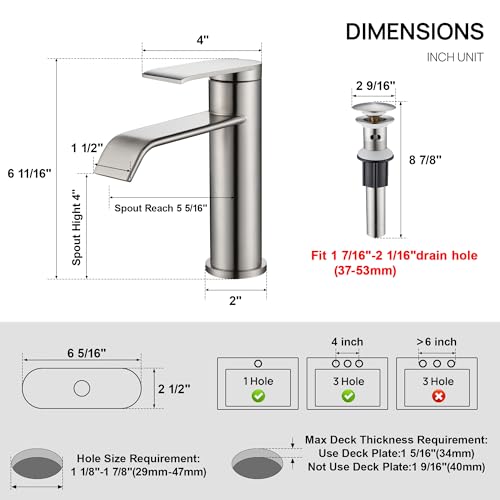 Bathroom Sink Faucet 1 Hole with Metal Pop-up Drain Brushed Nickel | Single Handle Bathroom Faucet with Supply Lines and Deck, Modern Waterfall Bathroom Faucets, for 1 or 3 Hole, G-7001BN - color: Brushed Nickel