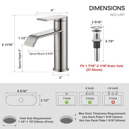 Bathroom Sink Faucet 1 Hole with Metal Pop-up Drain Brushed Nickel | Single Handle Bathroom Faucet with Supply Lines and Deck, Modern Waterfall Bathroom Faucets, for 1 or 3 Hole, G-7001BN - color: Brushed Nickel