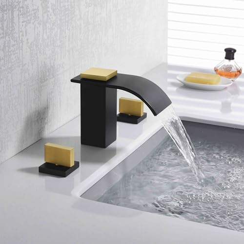 SUMERAIN 8" Widespread Bathroom Faucet 3 Hole Waterfall Basin Faucet Black and Gold Finish - color: Black and Gold
