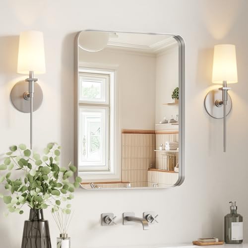 Brushed Nickel Bathroom Mirror 22"x30" | Silver Rectangle Vanity Mirrors for Bathroom Sink, Aluminum Frame, Anti-Rust, Tempered Glass, Horizontal or Vertical - color: Brushed Nickel, size: 22"L x 30"W