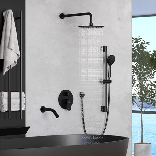 MONDAWE 9 Inch Wall Mounted Shower Faucet Set with Tub Spout in Matte Black, Rainfall Shower Head with 3-Setting Handheld Spray Shower Combo, High Pressure Shower System with Solid Brass Valve - color: Matte Black, style: 9 IN - With Tub Spout