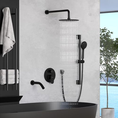 MONDAWE 9 Inch Wall Mounted Shower Faucet Set with Tub Spout in Matte Black, Rainfall Shower Head with 3-Setting Handheld Spray Shower Combo, High Pressure Shower System with Solid Brass Valve - color: Matte Black, style: 9 IN - With Tub Spout