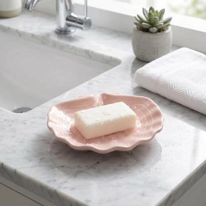 Shell Shaped Ceramic Dish, Self-Draining Glazed Soap Holder, Anti-Slip Tray for Bathroom, Shower & Sink, Cute Elegant Organizer, Easy to Clean – Pink - color: Pink