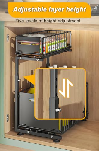 2 Tier Under Sink Organizer, Slide Out Storage Organizer for Kitchen Cabinets,Height Adjustable Pull Out Cabinet Organizers