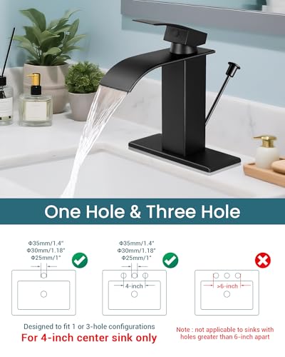 Black Waterfall Bathroom Faucet Single Handle with Lift Rod Drain | Bathroom Sink Faucet,Stainless Steel,supply hoses Deck included,1 or 3 Hole,Fits home,RV,farmhouse bathrooms - color: A-Matte Black, style: with Lift Rod Drain