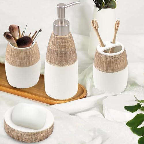 CERBIOR Bathroom Accessories Set,4 PCS Ceramic Bath Accessory,Brown White | Includes Toothbrush Holder, Toothbrush Cup, Soap Dish for Decorative Countertop and Housewarming Gift - style: White-Brown