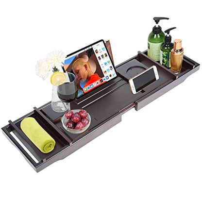 Expandable Bamboo Bathtub Tray Caddy with Wine Glass & Tablet Holder - Luxury Bathroom for Relaxing Baths Perfect for Reading & Enjoying Drinks-Brown