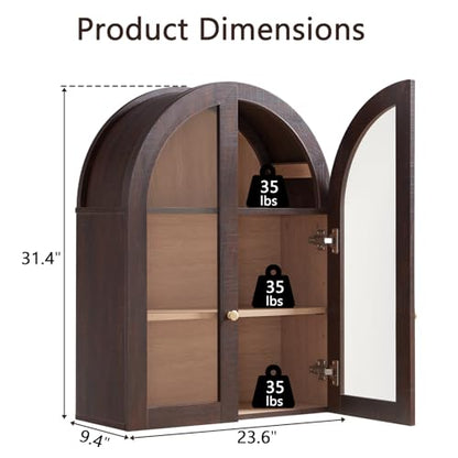 Bathroom Arched Wall Cabinet,23.5'' Wide Medicine Cabinet, Bathroom Cabinet Wall Mount W/Glass Doors & Adjustable Shelves, Over The Toilet Storage Cabinet for Laundry Room, Bedroom,Kitchen, Brown - color: Brown
