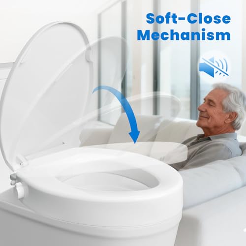 Raised Toilet Seat with Bidet for Seniors, 3" Height, Heavy Duty Slow Close Elevated Toilet Seat with Never Loosen Hinges, Fits Most Elongated Toilets, No Electric Cold Water Only (White 18.5")