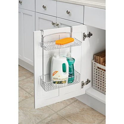 mDesign Over Cabinet Kitchen Storage Unit - Practical Organiser with Stainless Steel Storage Baskets - Hanging Cupboard Organiser for Cleaning Supplies and Cookware - Chrome