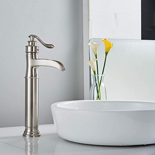 Bathroom Vessel Sink Faucet Waterfall Faucet for Sink 1 Hole | Pop Up Drain None Overflow and Supply Lines Included,Deck Mount,Tall Bowl Sink,Ceramic Cartridge,Solid Brass,Brushed Nickel - color: Brushed Nickel