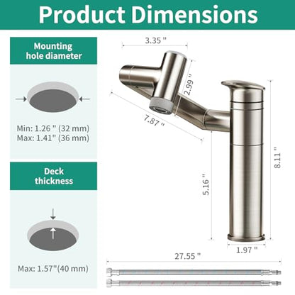 Bathroom Faucet 1 Hole with Temperature Display, Brushed Nickel | Batteries-Free, 1080° Rotatable Single Hole Bathroom Faucet, Single Handle Bathroom Vanity Faucets, 2 Spray Modes - color: Brushed Nickel