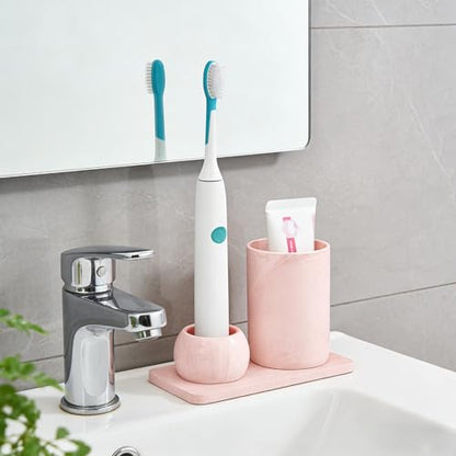 Ceramic Toothbrush Holder & Toothbrush Cup with Diatomite Tray for Bathroom, Bathroom Tumbler Cups Reusable Toothbrush Mouthwash Cup, Shower Counter Storage Organizer (Pink) - color: Pink Combination